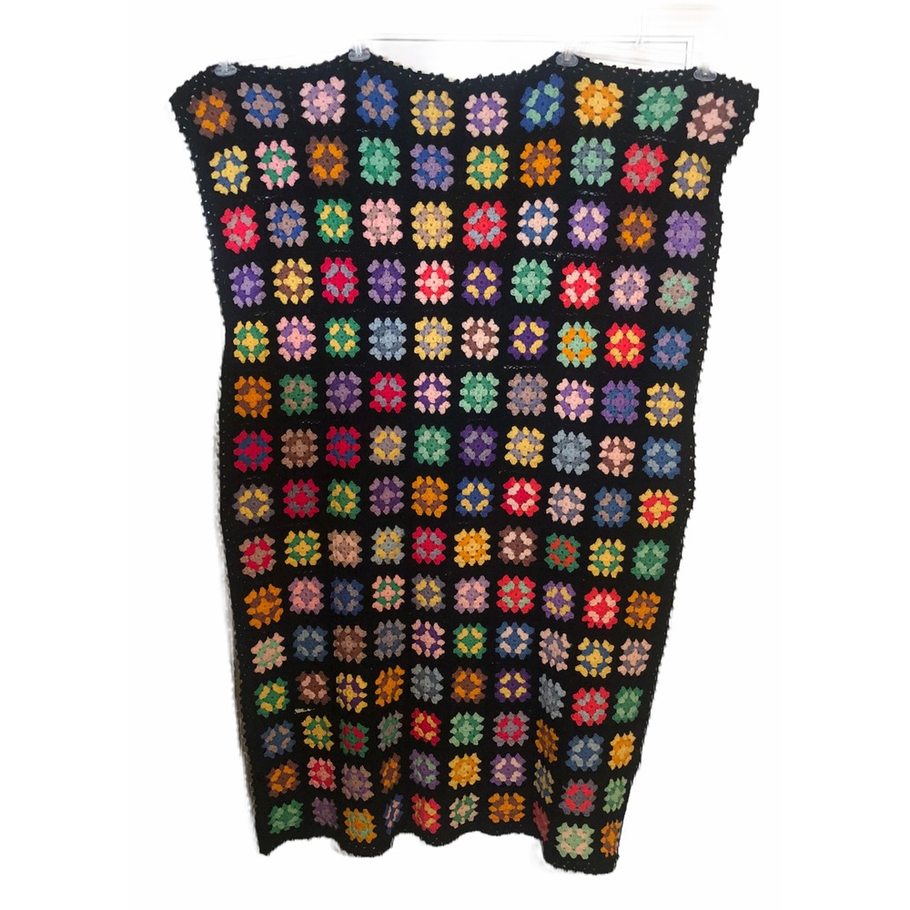 Vintage Granny Square Afghan Crochet Throw Blanket Black  40" X 65" See Descript